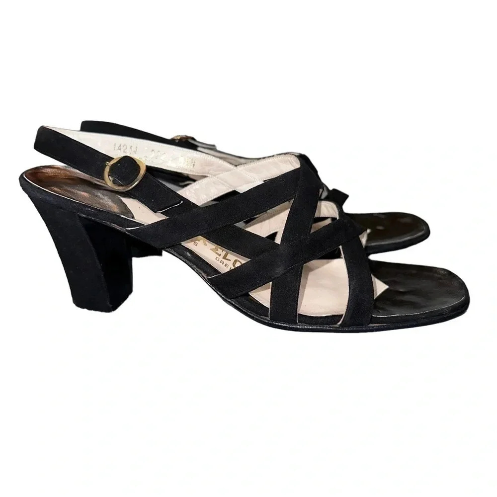 Mikelos 8.5N made in Greece‎ black strappy 3" block dress heels Vintage